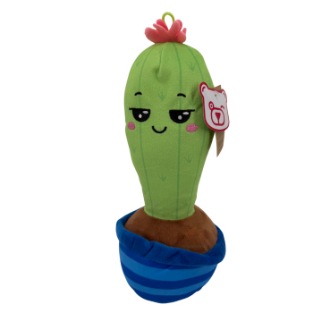 Langer Plüsch Kaktus im Topf ca. 22 cm mit frechem Blick, rosa Bäckchen und roter Blüte im blau gestreiften Topf – witzige Deko zum Kuscheln.